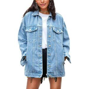 Women's Oversized Mid Long Denim Jacket Jean Biker Coat Long Sleeves Denim Blue
